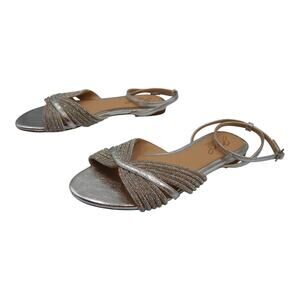 Jewel Badgley Mischka Glittery Rhinestone Ankle Strap Flat Sandals Silver Size 6